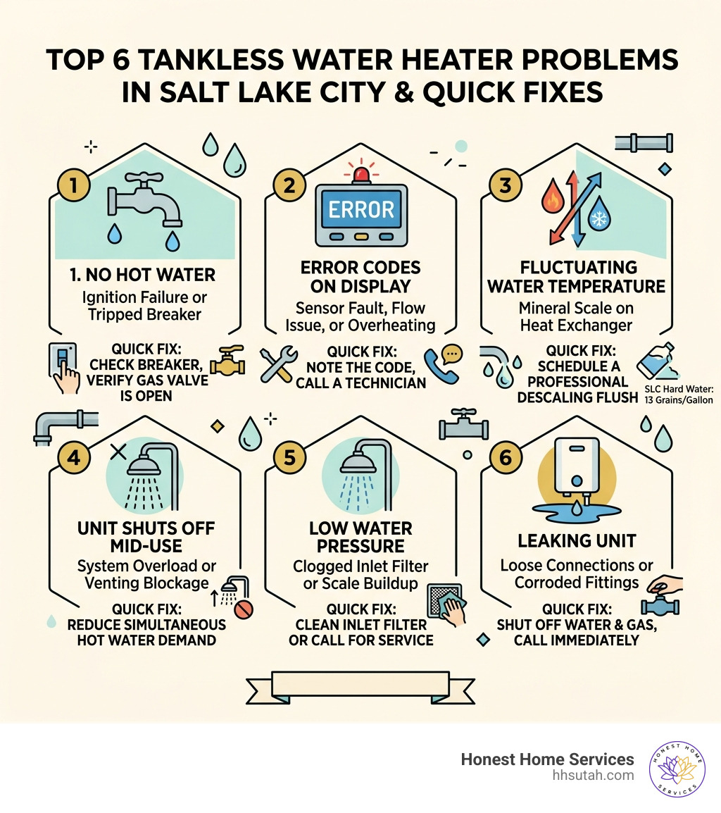 Infographic showing top 6 tankless water heater problems in Salt Lake City and their quick fixes - tankless water heater Infographic showing top 6 tankless water heater problems in Salt Lake City and their quick fixes - tankless water heater