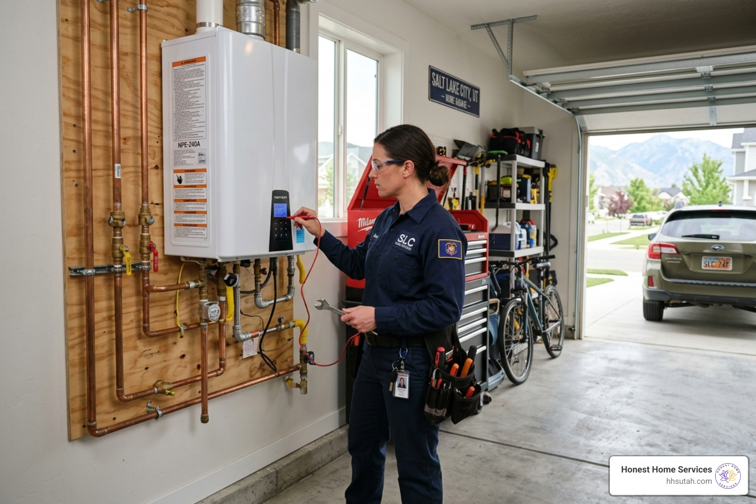 Professional technician checking the digital diagnostic display on a tankless water heater - tankless water heater repair Professional technician checking the digital diagnostic display on a tankless water heater - tankless water heater repair