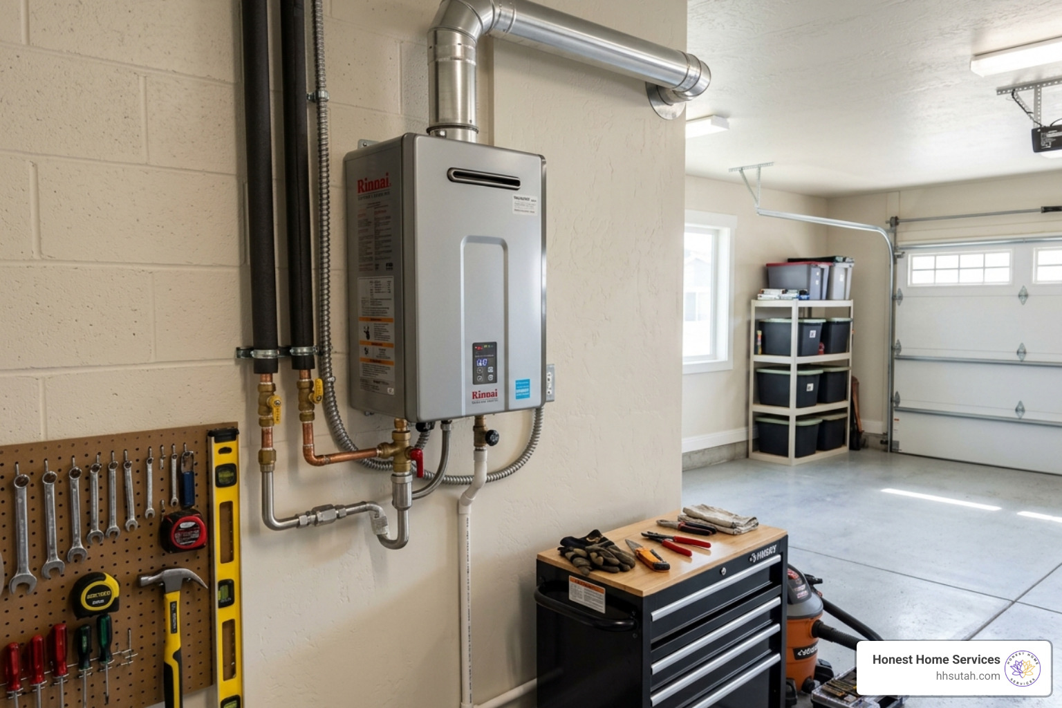 Modern tankless water heater installed on a garage wall in Salt Lake City - tankless water heater repair salt lake city Modern tankless water heater installed on a garage wall in Salt Lake City - tankless water heater repair salt lake city