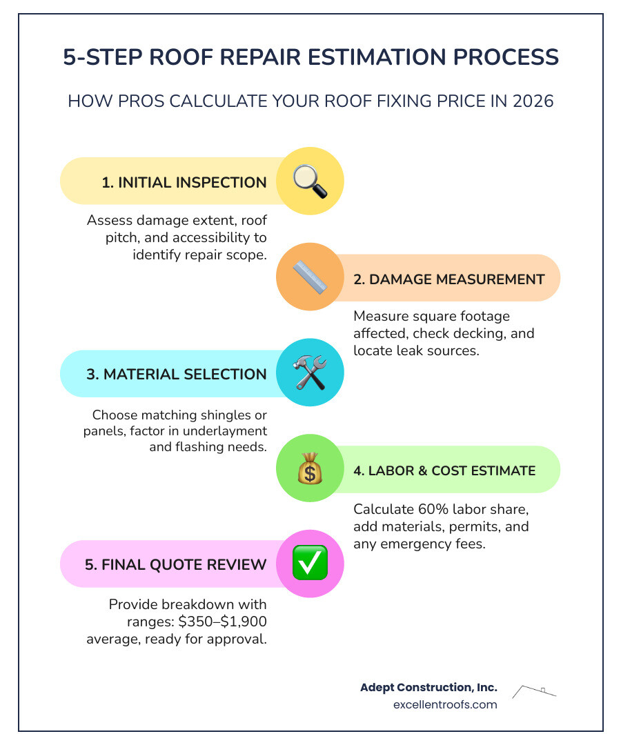 5-step roof repair estimation process infographic with cost ranges by repair type - roof fixing price infographic