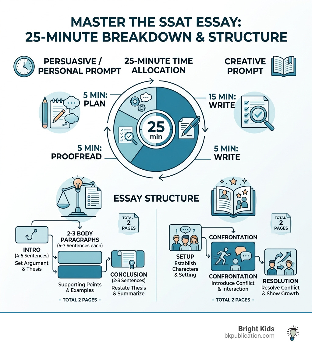 Infographic showing SSAT 25-minute essay time breakdown and structure for persuasive and creative prompts - SSAT essay