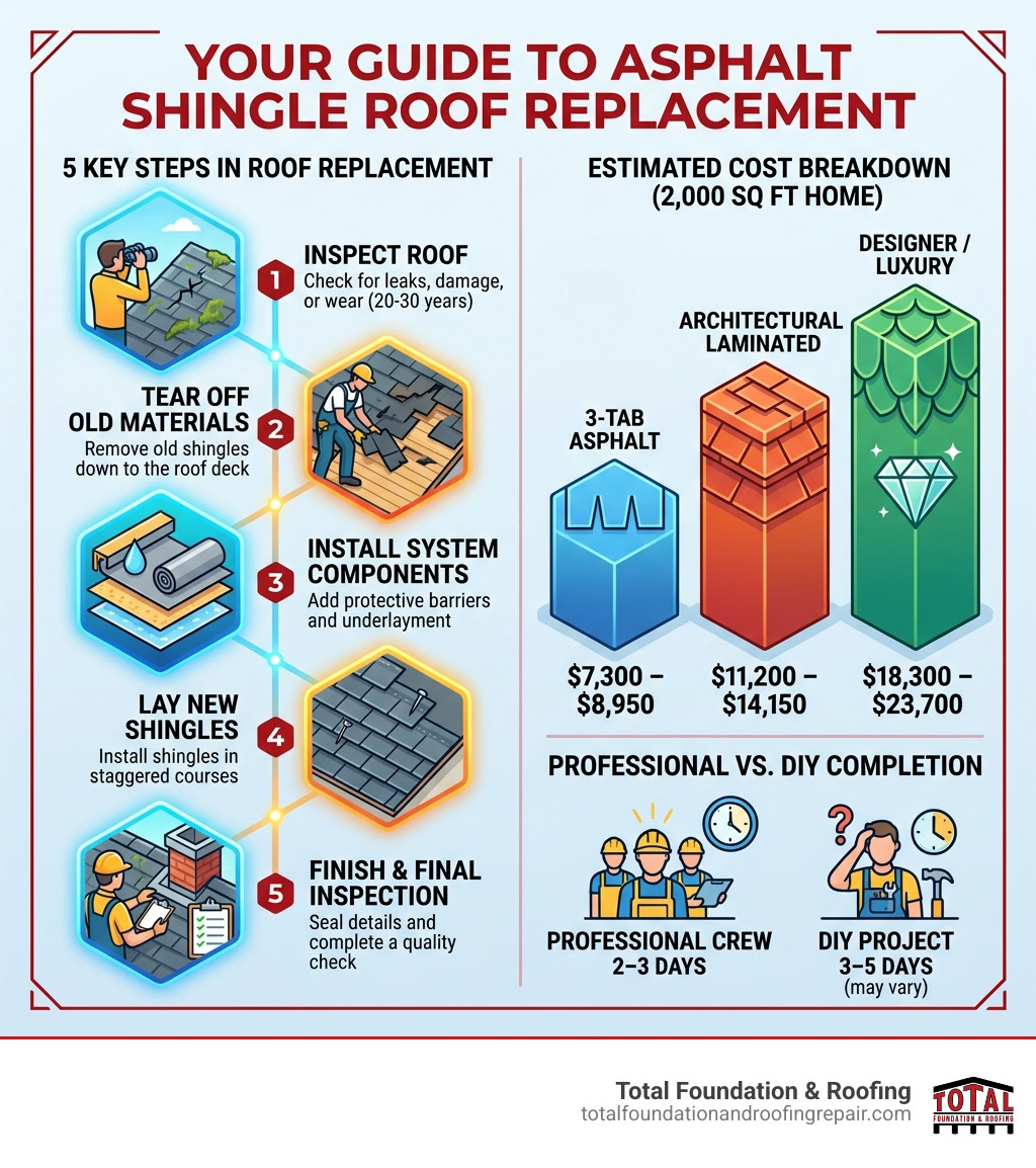 Infographic showing key steps and cost breakdown for replacing an asphalt shingle roof - replacing asphalt shingle roof