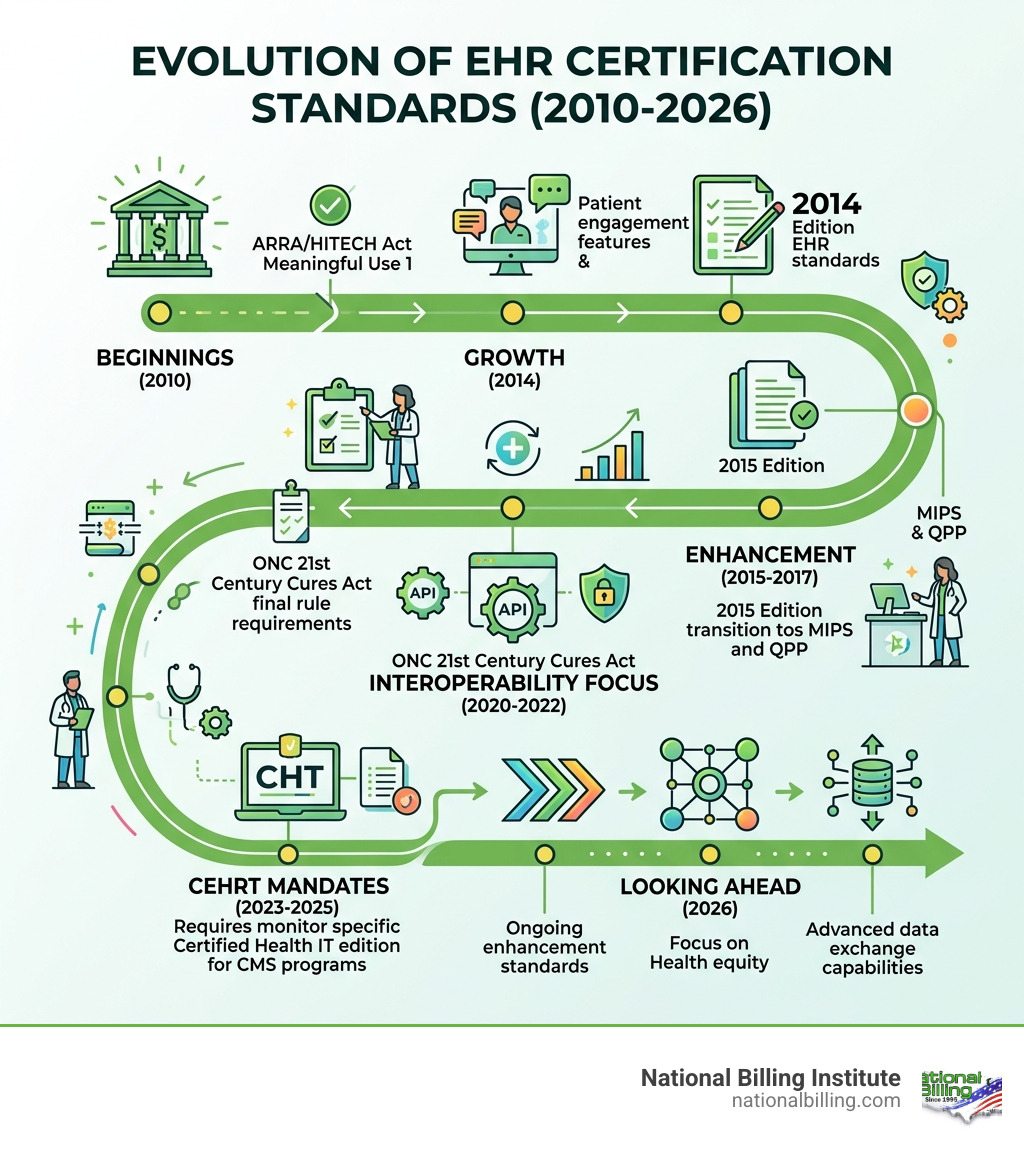 Timeline infographic: Evolution of EHR certification standards from 2010 to 2026, key milestones - certified ehr systems