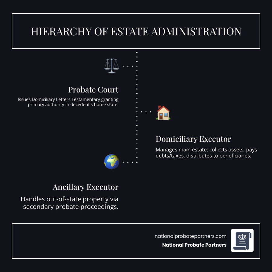 Hierarchy of estate administration showing domiciliary executor role, probate court, ancillary executor, and beneficiaries