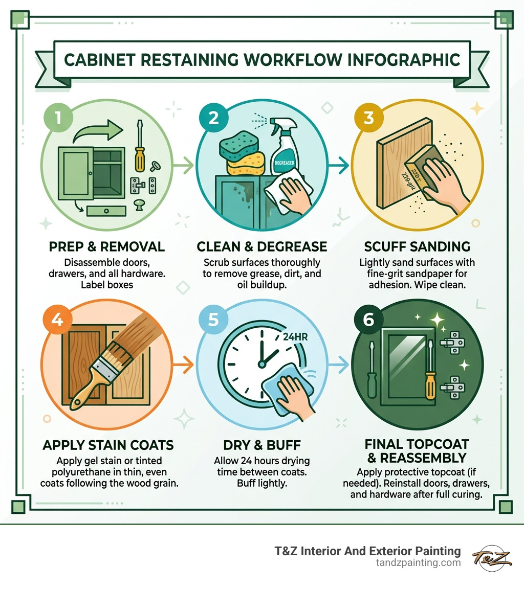 Cabinet restaining workflow infographic from prep and cleaning to final topcoat and reassembly - best way to restain kitchen Cabinet restaining workflow infographic from prep and cleaning to final topcoat and reassembly - best way to restain kitchen