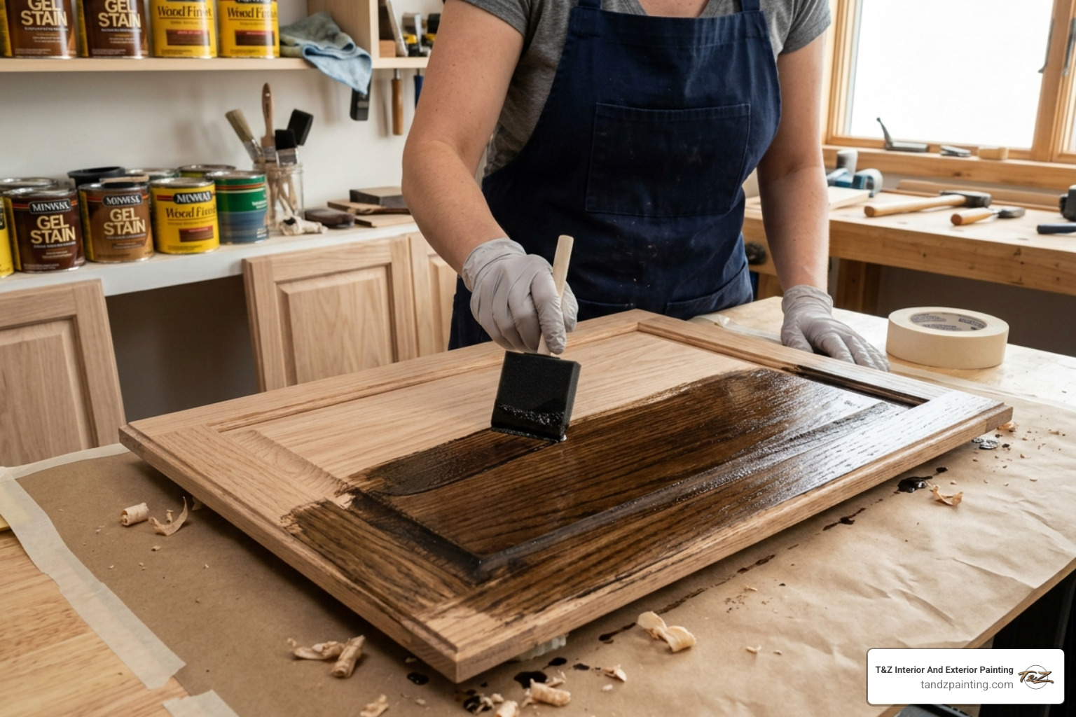 Applying a thin, even coat of gel stain to a wood cabinet door using a foam brush - best way to restain kitchen cabinets Applying a thin, even coat of gel stain to a wood cabinet door using a foam brush - best way to restain kitchen cabinets