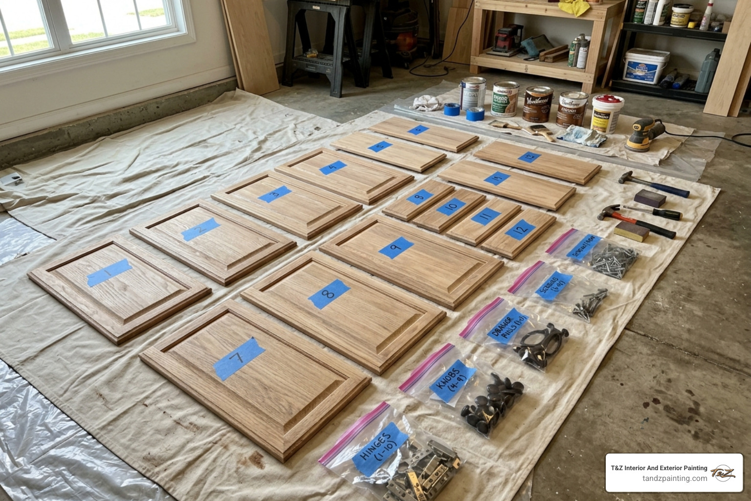 Labeled cabinet doors and hardware laid out on a protected floor for organized restaining - best way to restain kitchen Labeled cabinet doors and hardware laid out on a protected floor for organized restaining - best way to restain kitchen