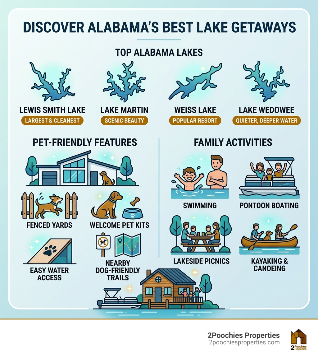 Infographic showing top Alabama lakes, pet-friendly features, and family activities like swimming and pontoon boating