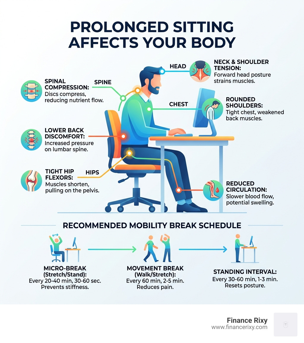 Infographic showing how prolonged sitting affects the body from head to lower back with recommended break schedule