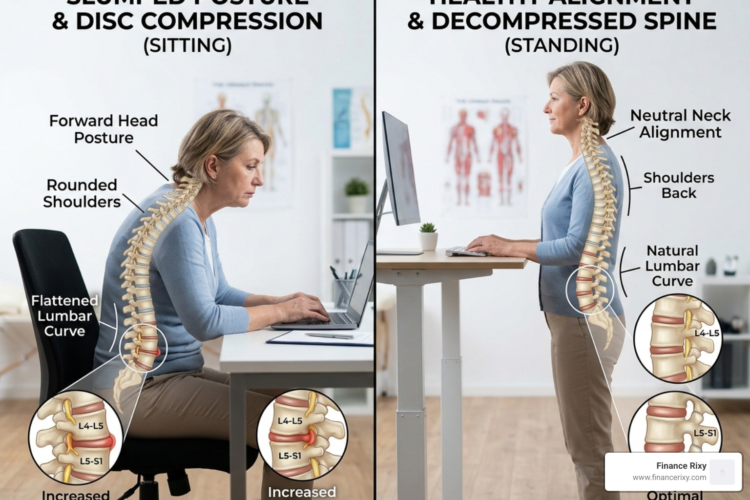 Comparison of spinal compression during sitting versus healthy neutral alignment in standing - mobility breaks for desk jobs