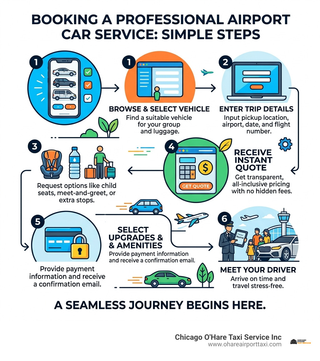 Step-by-step infographic showing how to book a professional airport car service - car service to airport near me infographic 