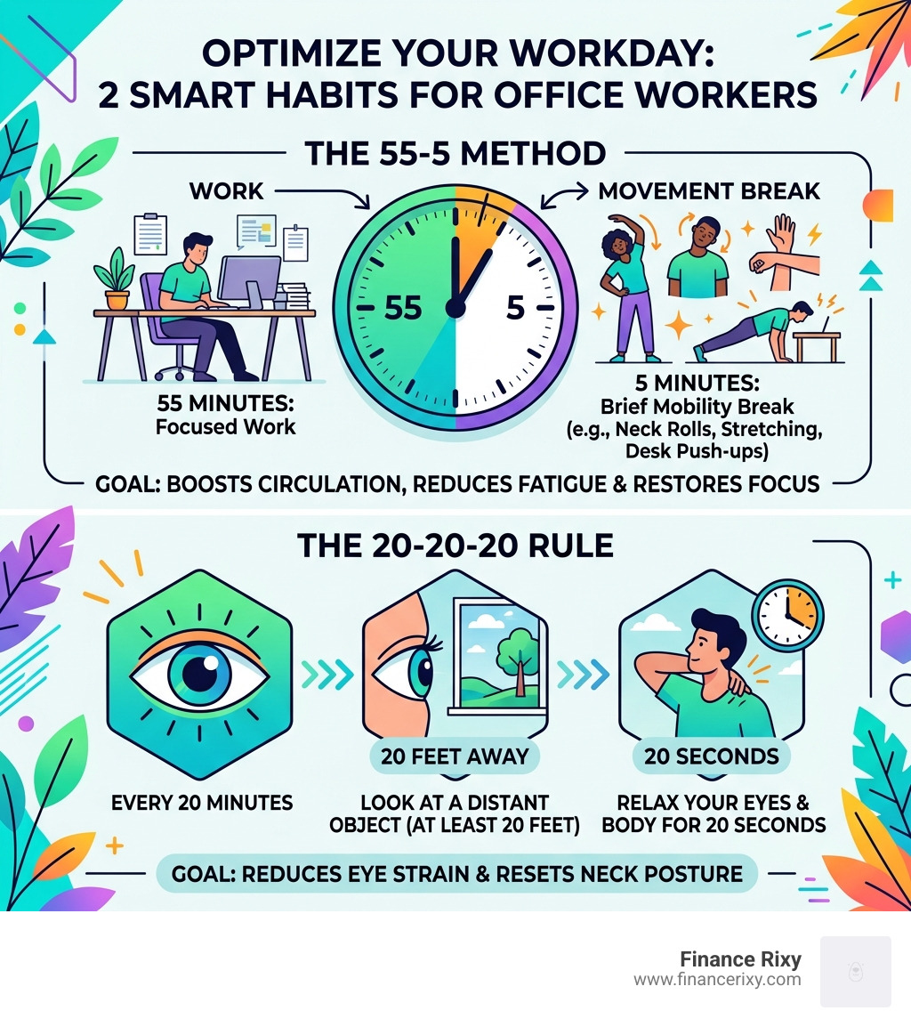 Infographic showing the 55-5 method and the 20-20-20 rule for office workers - mobility breaks for desk jobs infographic 