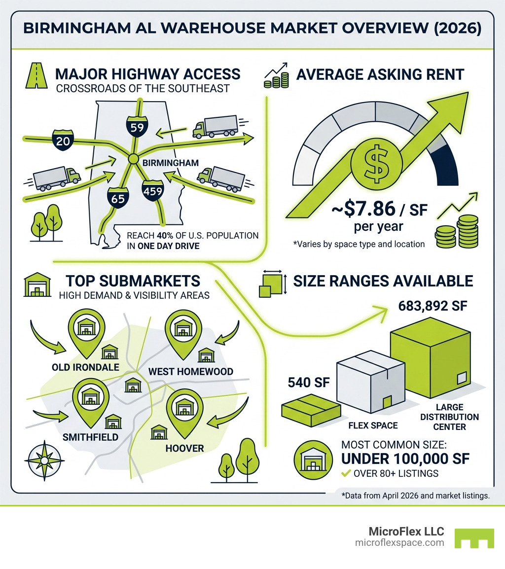 Infographic showing Birmingham AL warehouse market overview: highway access, average rent, top submarkets, and size ranges Infographic showing Birmingham AL warehouse market overview: highway access, average rent, top submarkets, and size ranges