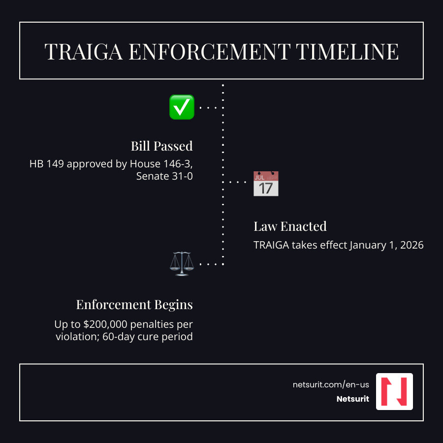 TRAIGA compliance timeline from January 2026 enactment through enforcement milestones - AI compliance tools Texas