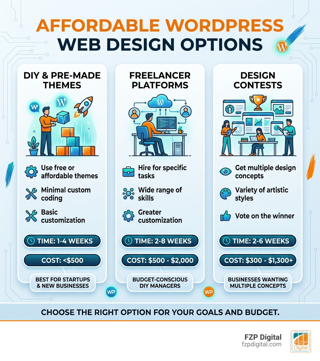 Infographic showing affordable WordPress web design options from DIY to agency packages with cost ranges and timelines Infographic showing affordable WordPress web design options from DIY to agency packages with cost ranges and timelines