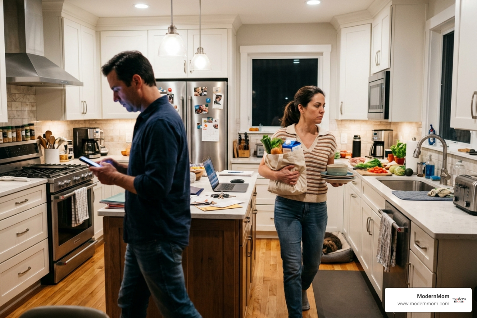 A busy kitchen with parents passing each other without looking up - how to reconnect in a relationship
