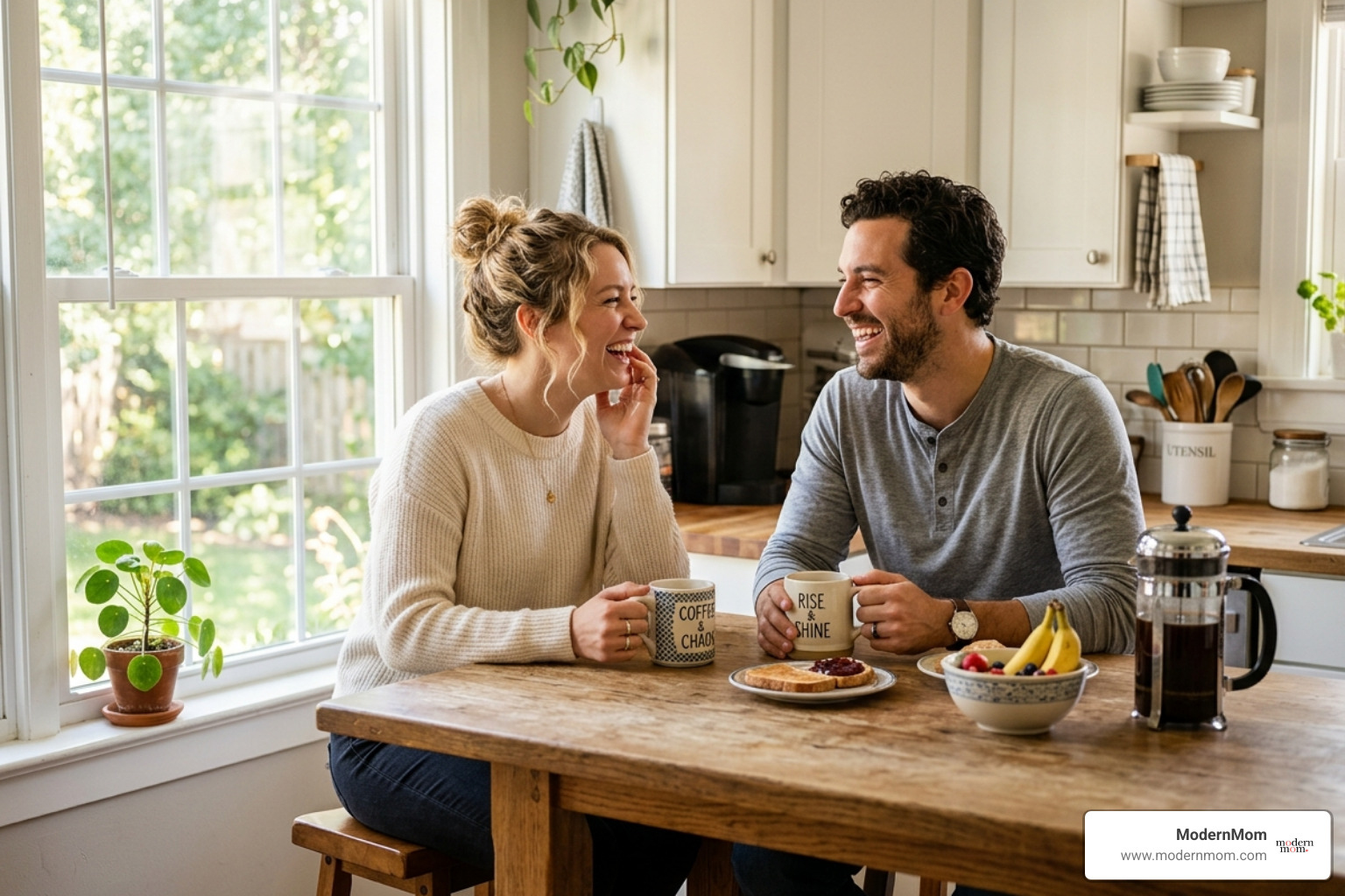A couple sharing a quiet laugh over coffee in the morning - how to reconnect in a relationship