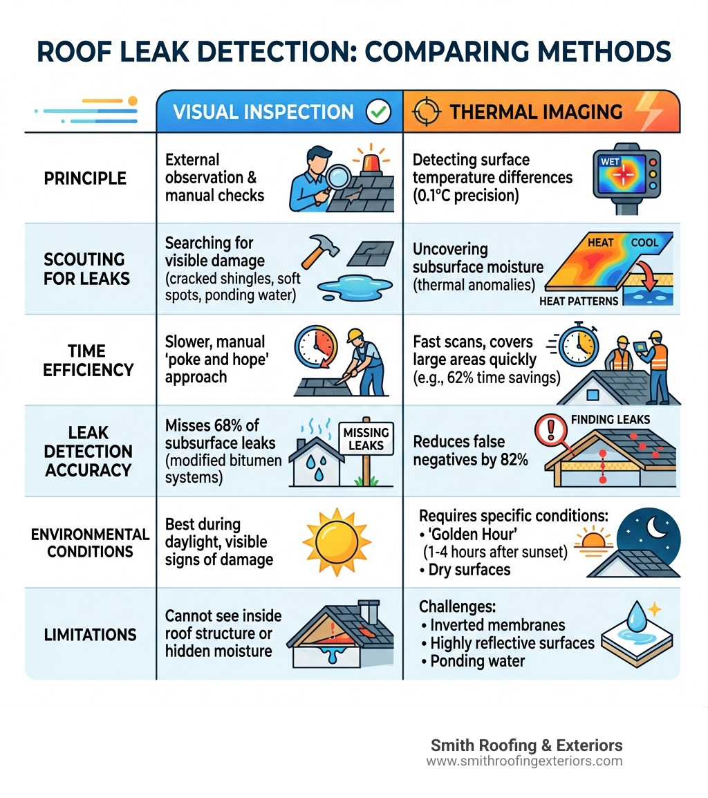 Table comparing visual inspection vs. thermal imaging for roof leaks - thermal imaging for roof leaks infographic Table comparing visual inspection vs. thermal imaging for roof leaks - thermal imaging for roof leaks infographic