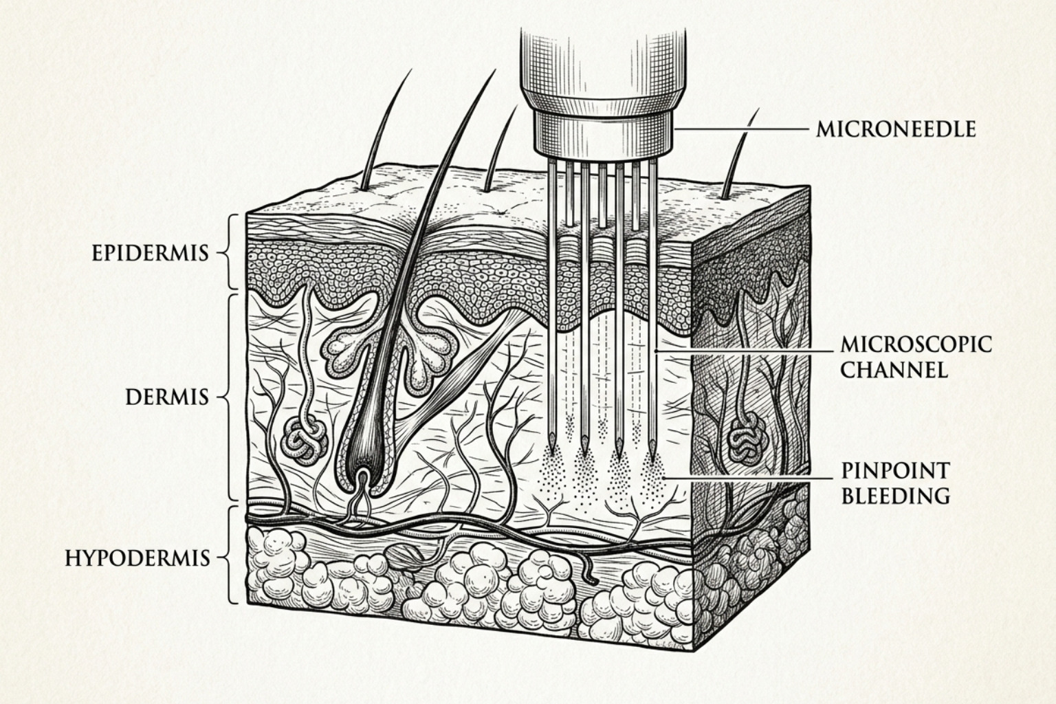 skin cross-section illustrating microneedle penetration - hypertrophic scars microneedling skin cross-section illustrating microneedle penetration - hypertrophic scars microneedling