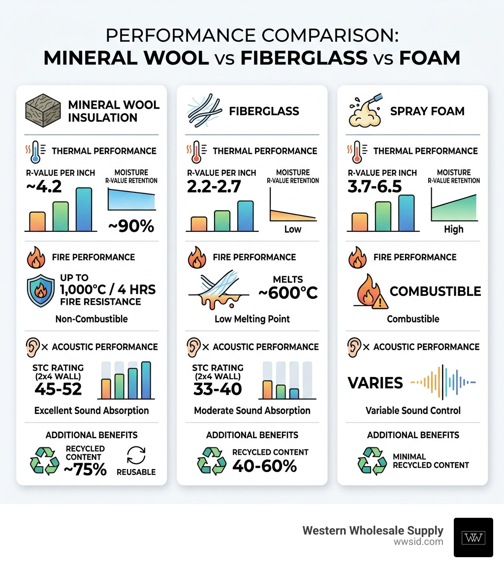 Infographic comparing thermal, fire, and acoustic performance of mineral wool insulation vs fiberglass and foam - mineral Infographic comparing thermal, fire, and acoustic performance of mineral wool insulation vs fiberglass and foam - mineral