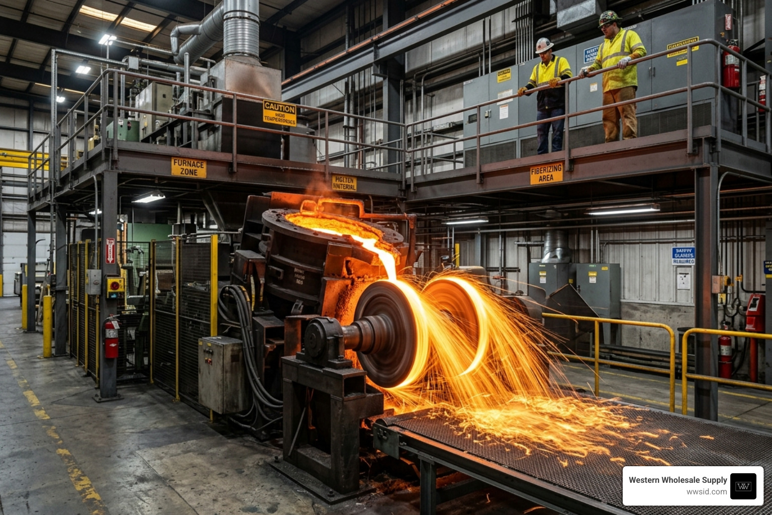 Architectural photography of the mineral wool manufacturing process showing molten rock spinning - mineral wool insulation Architectural photography of the mineral wool manufacturing process showing molten rock spinning - mineral wool insulation