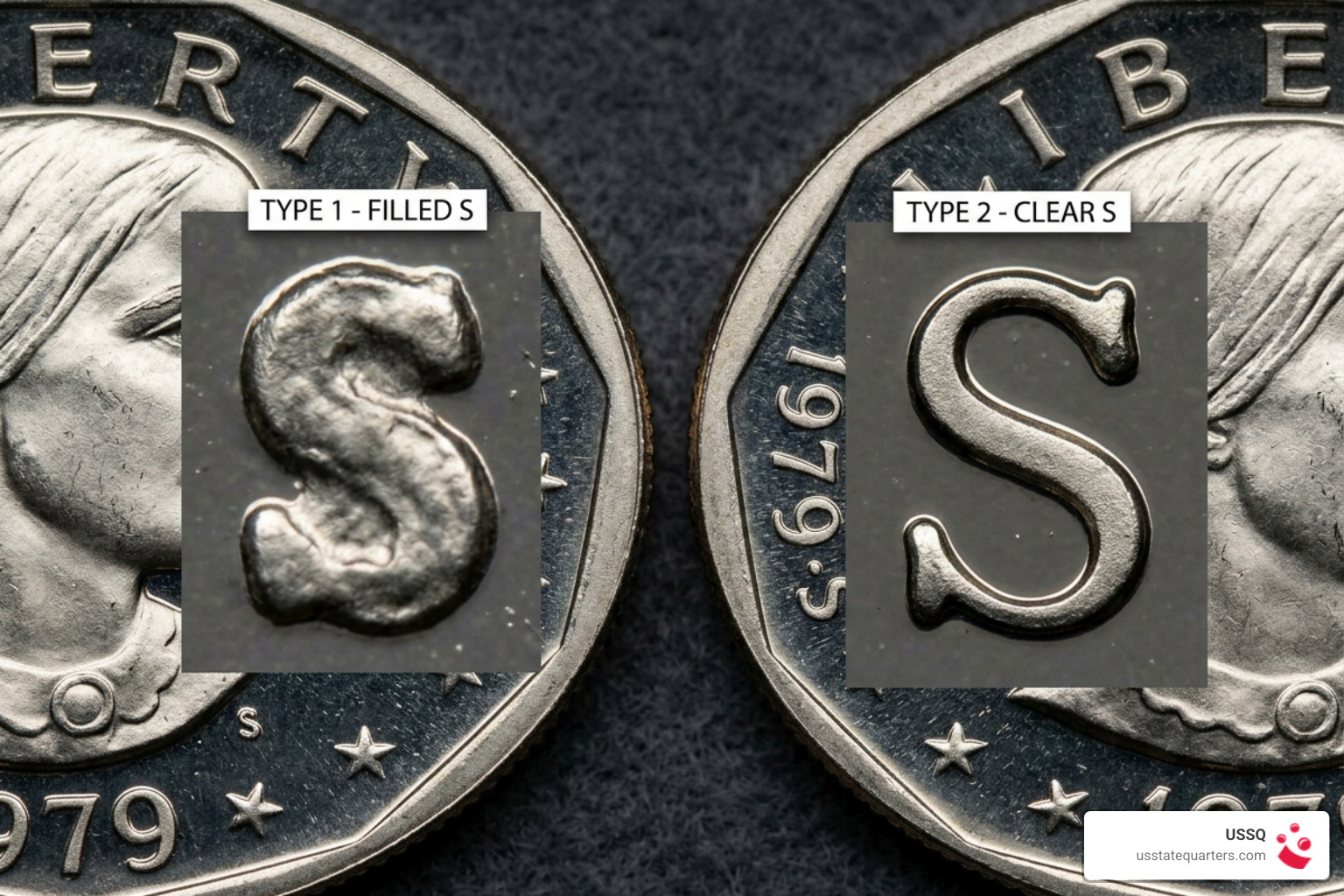 Close-up comparison of 1979-S Type 1 Filled S and Type 2 Clear S mint marks showing serif definition - Clear S mint mark Close-up comparison of 1979-S Type 1 Filled S and Type 2 Clear S mint marks showing serif definition - Clear S mint mark