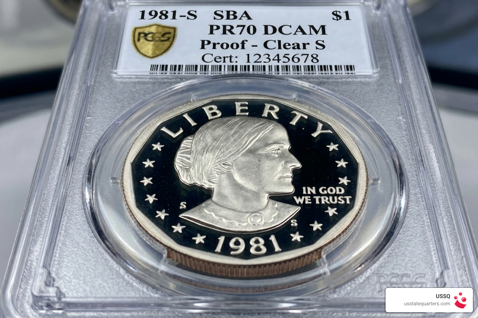 Graded 1981-S Susan B. Anthony Dollar PR70 Deep Cameo showing the Clear S variety - Clear S mint mark Graded 1981-S Susan B. Anthony Dollar PR70 Deep Cameo showing the Clear S variety - Clear S mint mark