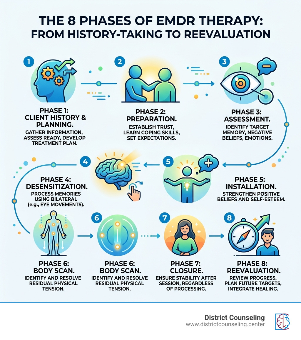 8 phases of EMDR therapy from history-taking to reevaluation infographic - EMDR certified therapists infographic 