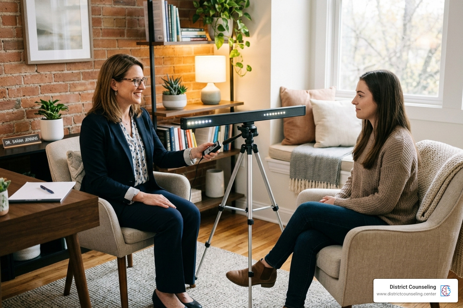 Therapist using a light bar for bilateral stimulation during an EMDR session - EMDR certified therapists