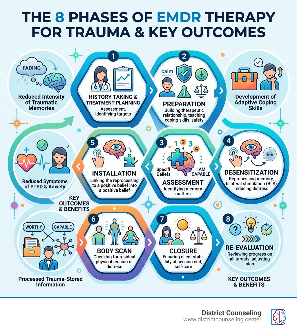 Infographic showing the 8 phases of EMDR therapy for trauma and key outcomes - EMDR therapy for trauma infographic 