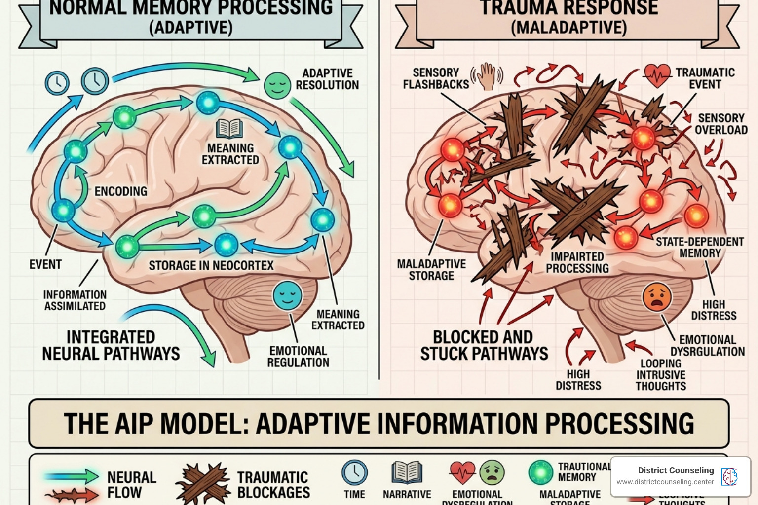 Illustration of the brain's response to trauma and the AIP model - EMDR therapy for trauma
