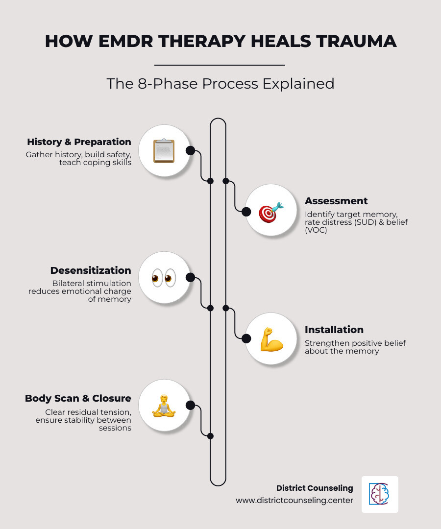 EMDR therapy brain natural healing process 8 phases bilateral stimulation infographic - trauma EMDR therapy infographic