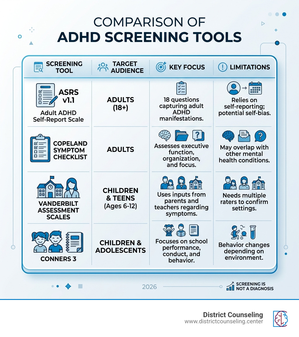 A comparison table of different ADHD screening tools highlighting their target audience and limitations - adhd symptoms test