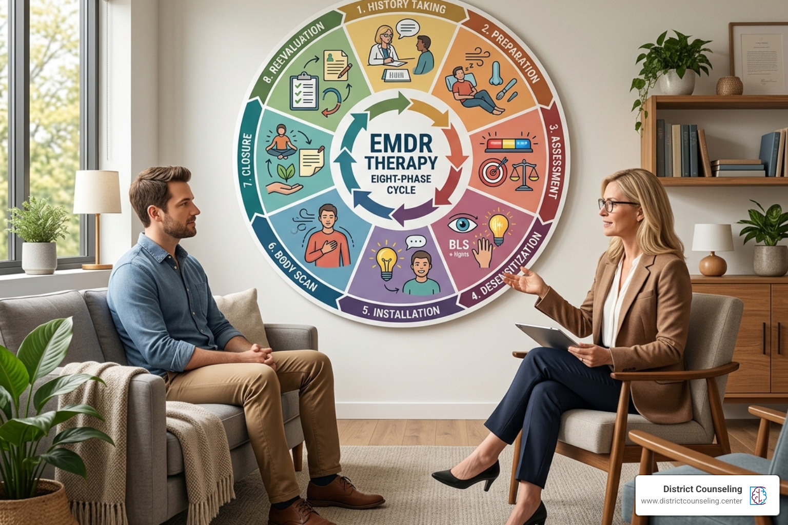 Infographic showing the 8-phase EMDR cycle - trauma EMDR therapy