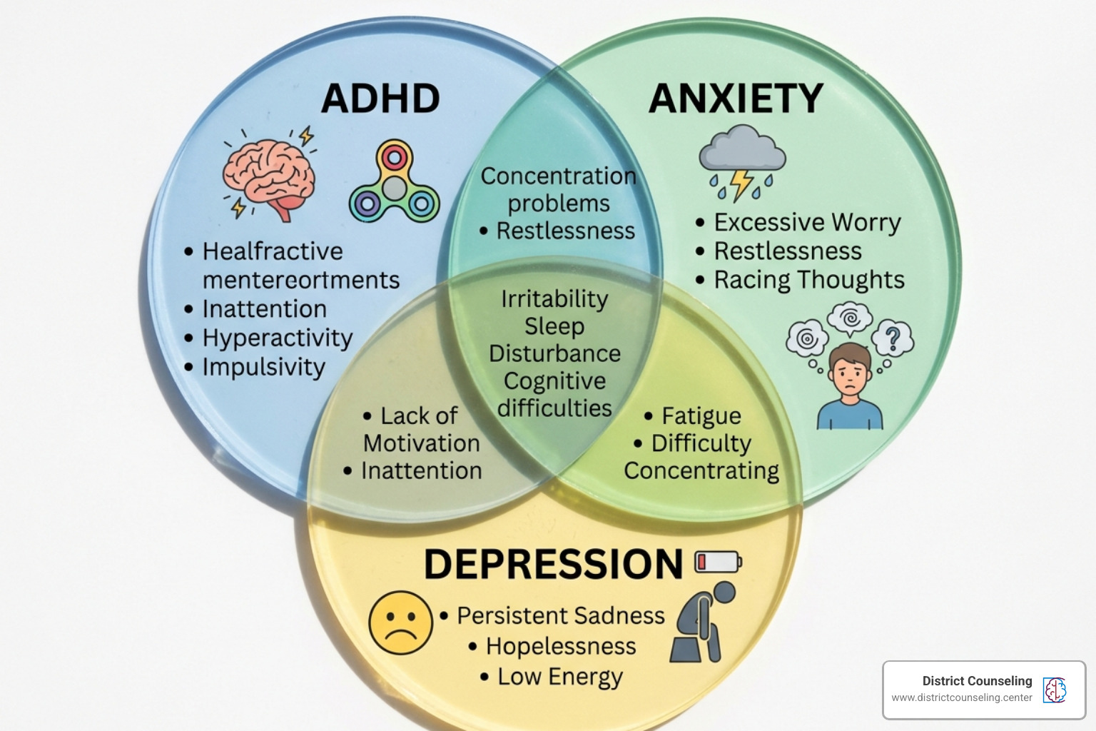 Overlapping circles representing the shared symptoms between ADHD, anxiety, and depression - adhd symptoms test