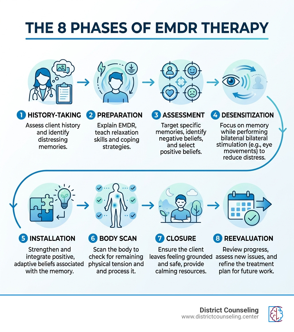 Infographic showing the 8 phases of EMDR therapy from history-taking to reevaluation - what is emdr therapy and how does it