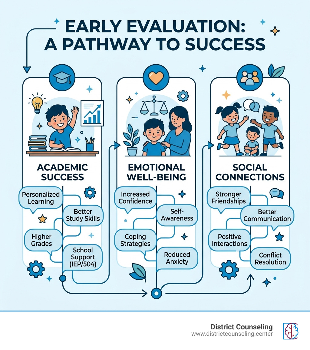 Infographic showing how early child psychological evaluation leads to better academic, emotional, and social outcomes