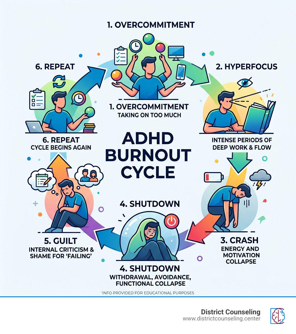 Infographic showing the ADHD burnout cycle: overcommitment, hyperfocus, crash, shutdown, guilt, repeat - ADHD therapy