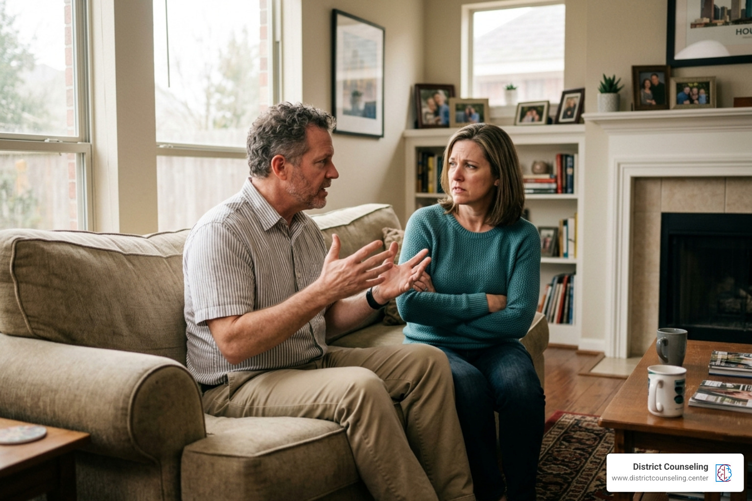 A couple in a heated discussion illustrating the need for professional intervention - couples counseling Houston TX
