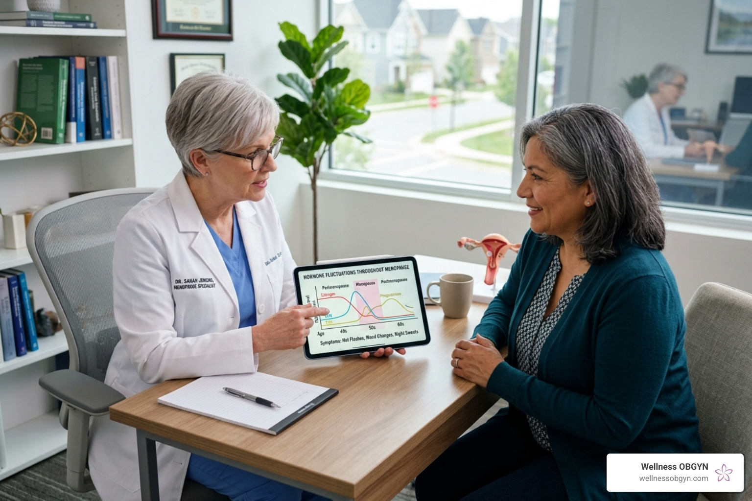 A menopause specialist explaining hormone fluctuations to a patient on a digital tablet in a bright office - Menopause A menopause specialist explaining hormone fluctuations to a patient on a digital tablet in a bright office - Menopause