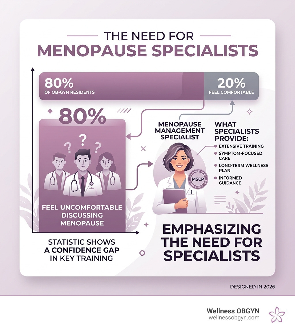 Infographic showing that 80 percent of OB-GYN residents feel uncomfortable discussing menopause, emphasizing the need for Infographic showing that 80 percent of OB-GYN residents feel uncomfortable discussing menopause, emphasizing the need for