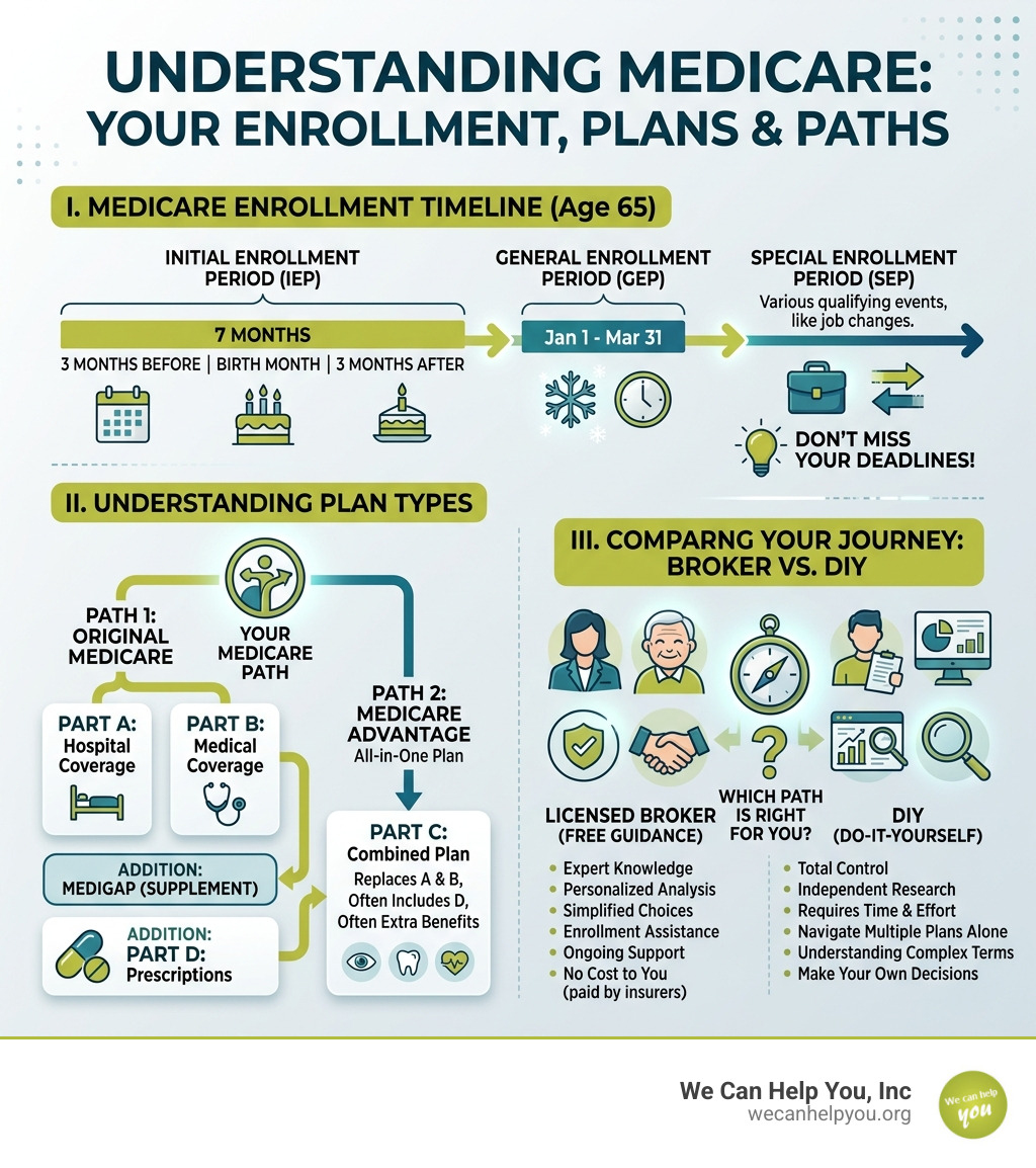 Medicare enrollment timeline, plan types, and broker vs. DIY comparison infographic - should i use an insurance broker for