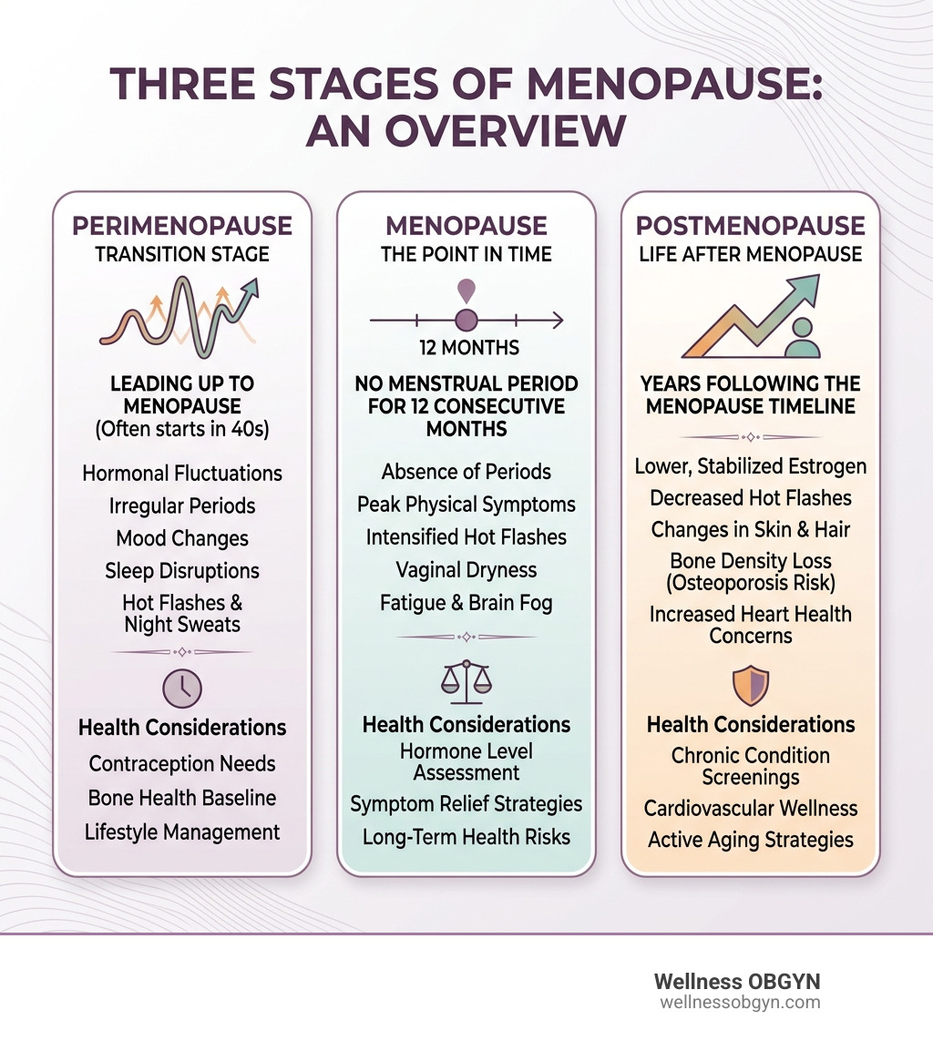Three stages of menopause: perimenopause, menopause, and postmenopause with key symptoms and health considerations Three stages of menopause: perimenopause, menopause, and postmenopause with key symptoms and health considerations