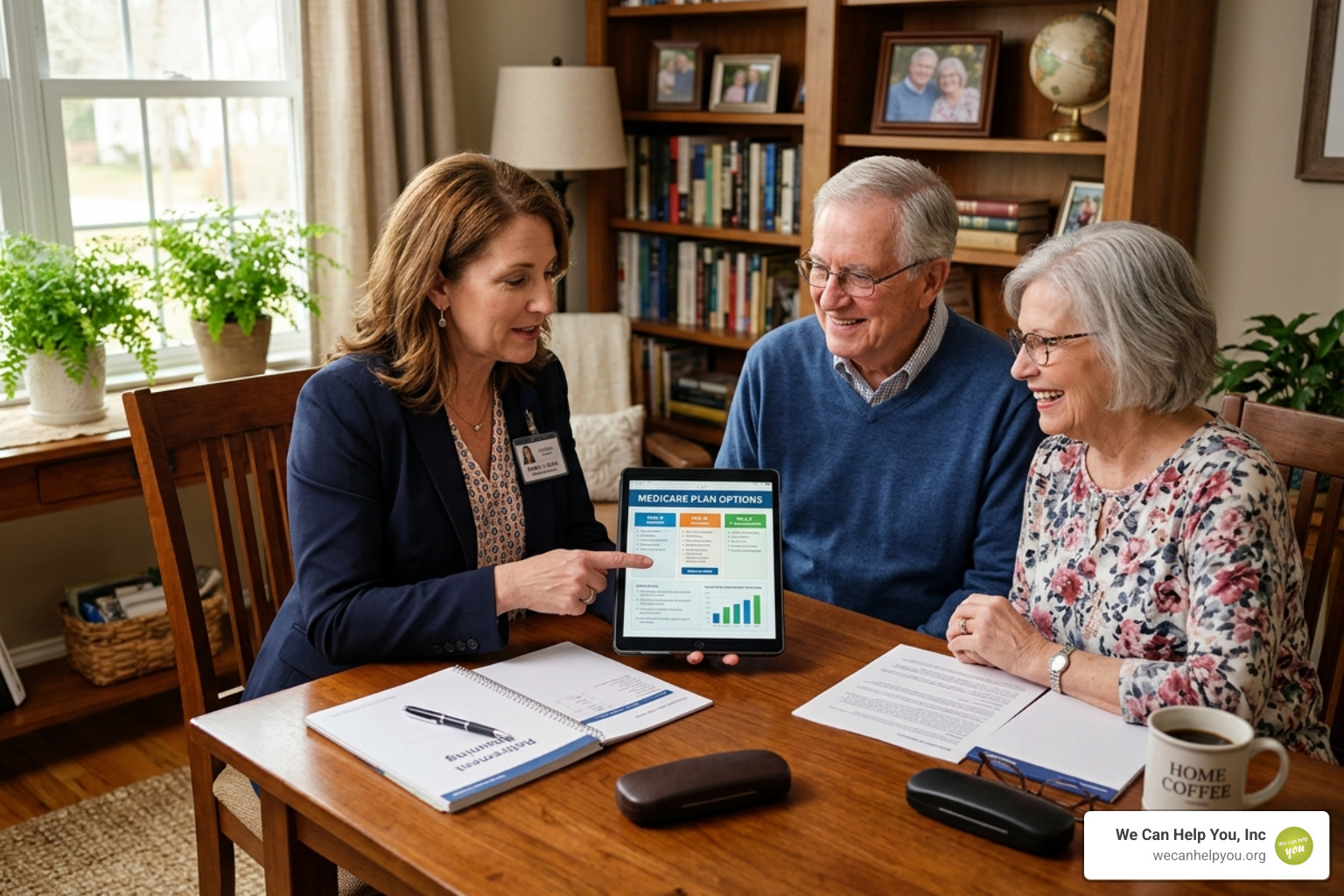 professional advisor pointing to plan options on a tablet for a senior couple - should i use an insurance broker for medicare