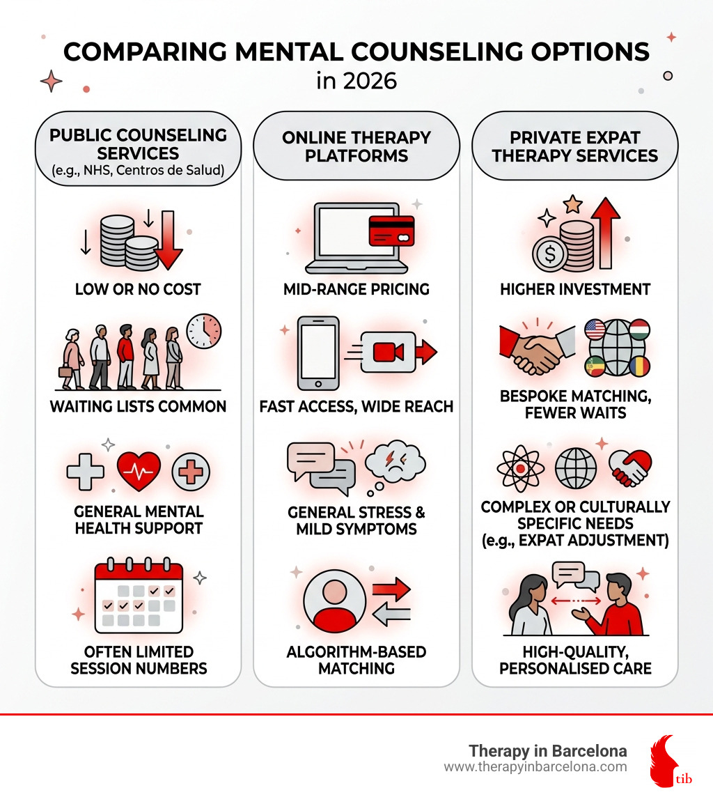 infographic comparing public counseling, online platforms, and private expat therapy services - mental counseling infographic comparing public counseling, online platforms, and private expat therapy services - mental counseling