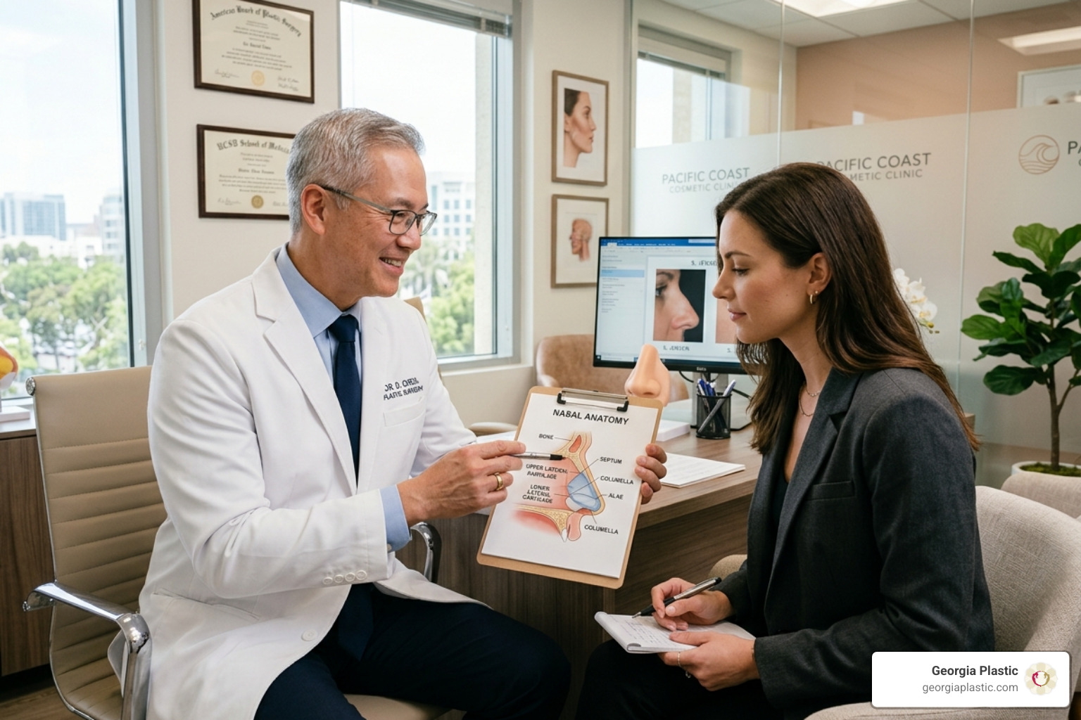 Surgeon pointing to a nasal diagram during a patient consultation - rhinoplasty atlanta