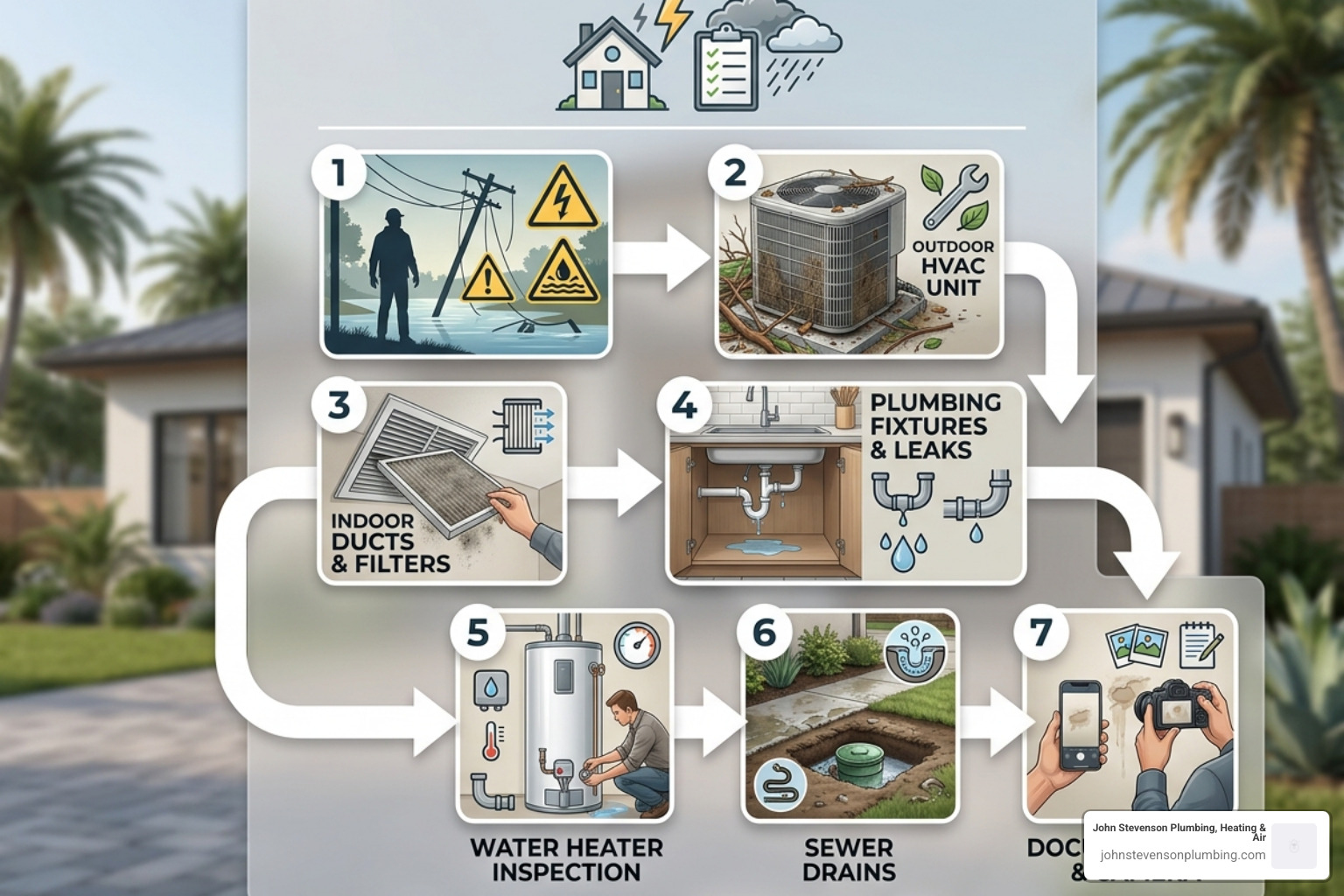 Infographic showing post-storm plumbing and HVAC inspection steps for homeowners - post storm plumbing and hvac checklist