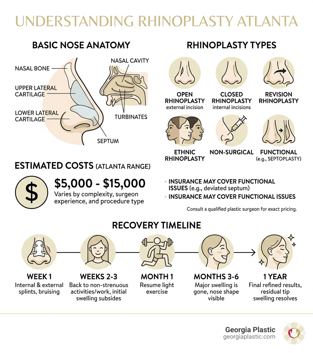 Infographic showing nose anatomy and rhinoplasty overview including types costs and recovery timeline - rhinoplasty atlanta