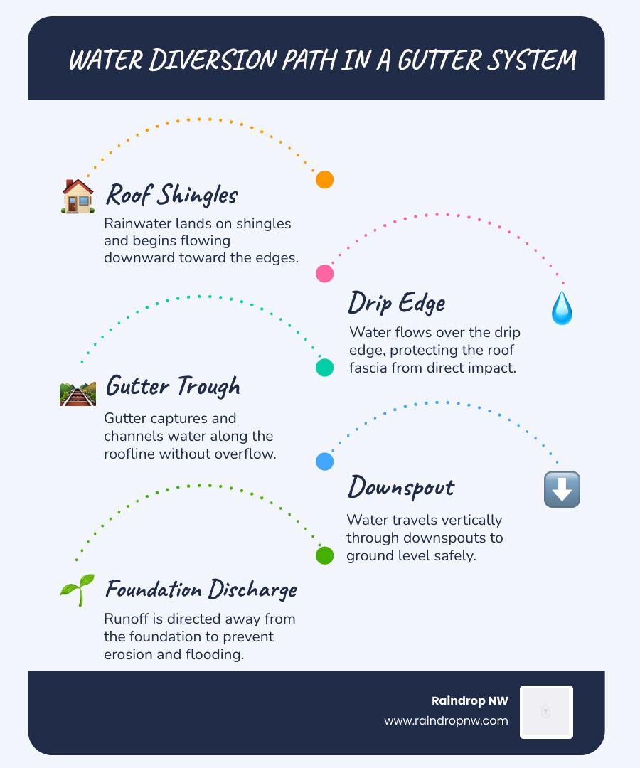Infographic showing water diversion path from roof shingles through gutters downspouts and away from foundation - gutter Infographic showing water diversion path from roof shingles through gutters downspouts and away from foundation - gutter