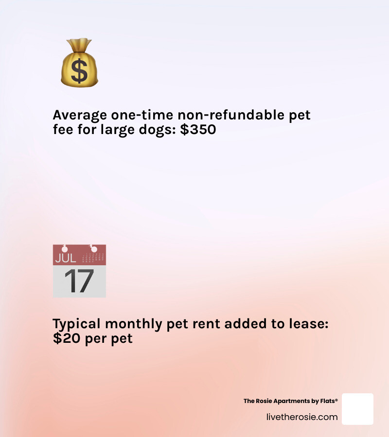 Infographic comparing average pet fees: $350 one-time fee, $20 monthly rent, and $30 screening fee - apartments near me that